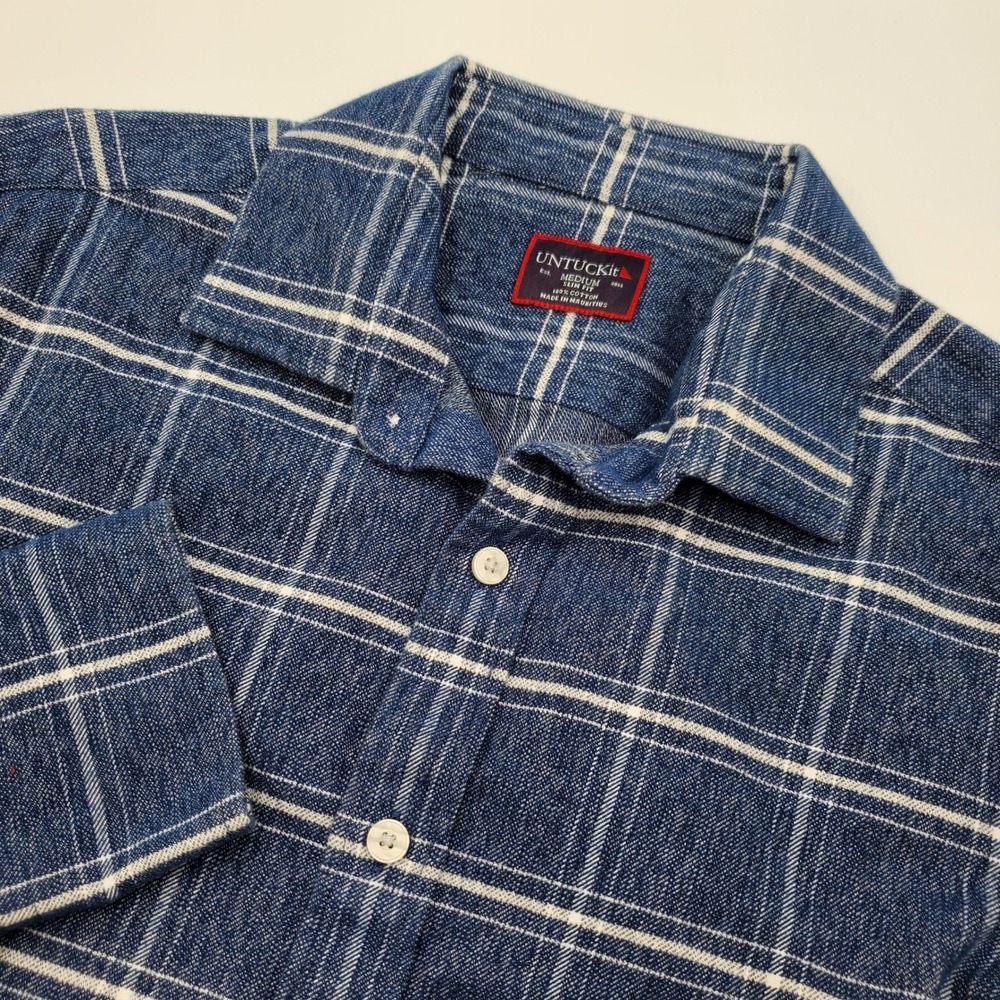 UNTUCKit Mens Slim Fit Blue White Plaid Flannel Button Down Shirt Medium - Picture 1 of 6